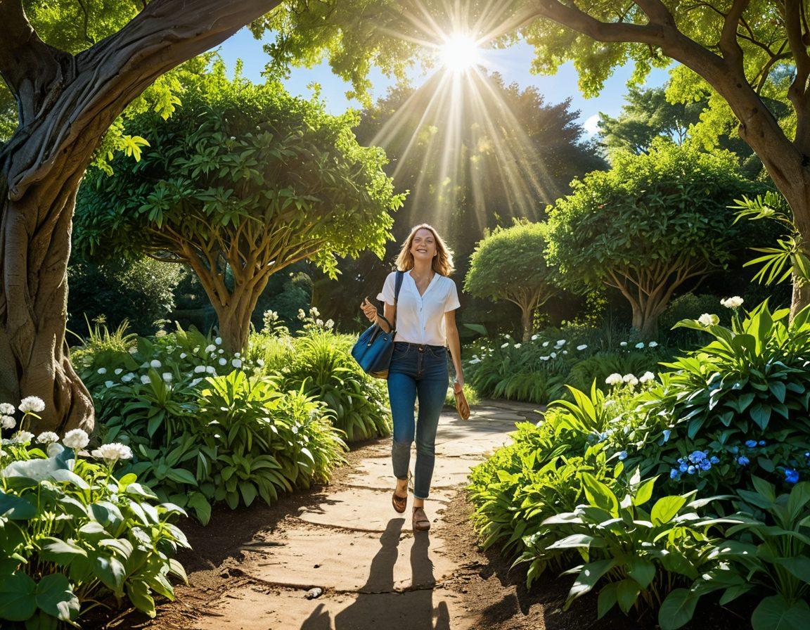 A serene scene depicting a person joyfully discovering hidden treasures in a vibrant green garden, with light beams shining down symbolizing hope and clarity. Include symbols of wealth such as coins, gold bars, and paperwork scattered around, and a path leading towards a bright future in the background. Super-realistic. Vibrant colors. Bright blue sky.