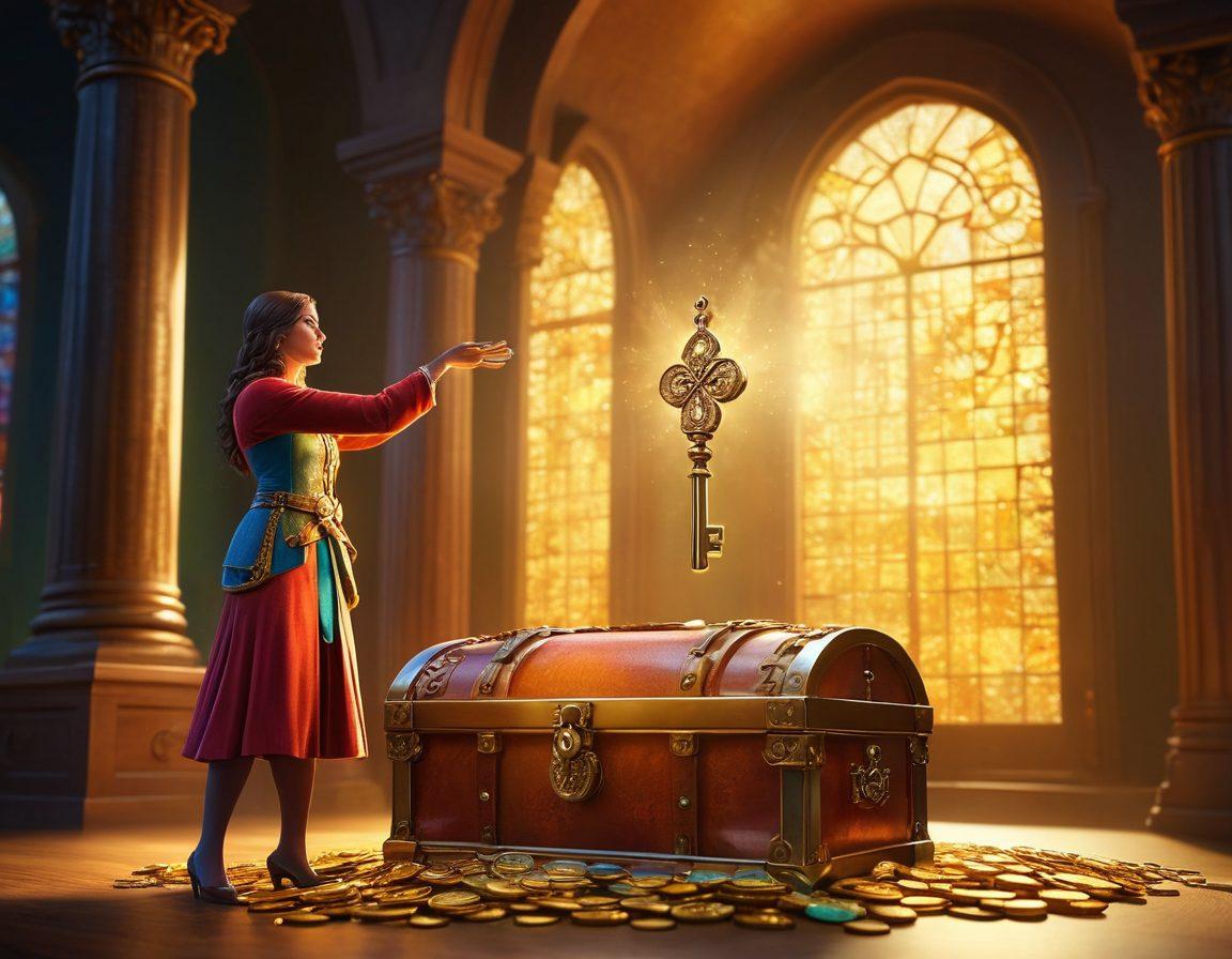 An artistic representation of a person triumphantly holding a key, symbolizing the unlocking of unclaimed property. In the background, a treasure chest overflowing with valuables, including money, documents, and gems. Light beams shining down from above, illuminating the scene, creating a feeling of hope and success in financial recovery. The environment should be vibrant and engaging, with subtle hints of financial symbols like dollar signs and graphs integrated within the treasure. super-realistic. vibrant colors. 3D.