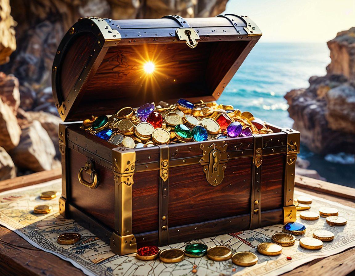 A treasure chest overflowing with glimmering gold coins and glowing gemstones, set against a backdrop of an ancient map scattered with location pins representing unclaimed property. Soft rays of light illuminating the chest, symbolizing the discovery of hidden treasures. A hand reaching towards the chest, evoking curiosity and excitement. Super-realistic. Warm, inviting colors. Detailed and intricate background.
